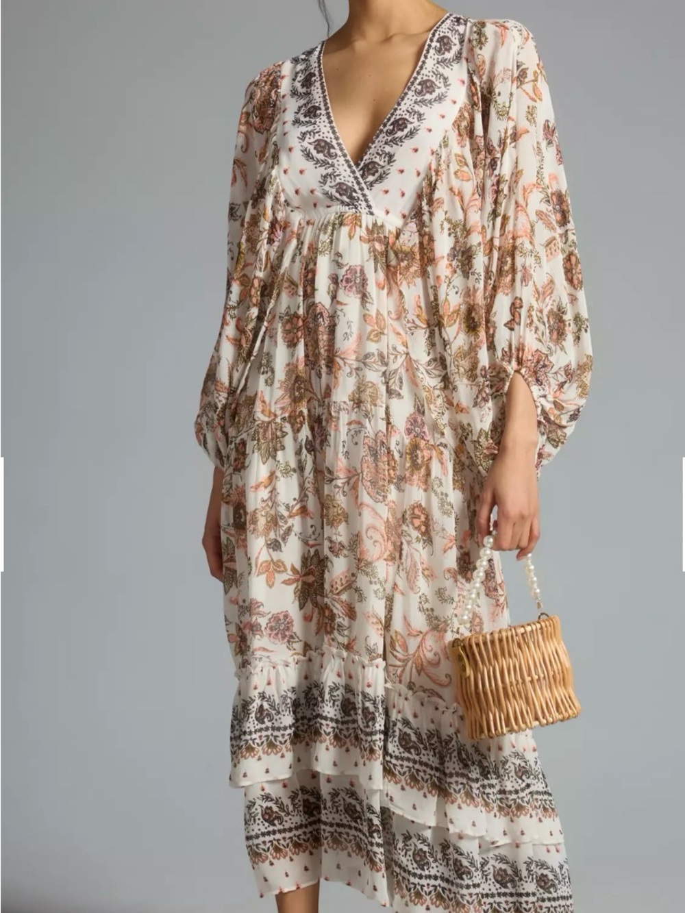 NWT By Anthropologie V-Neck Long-Sleeve Maxi Dress Neutral Floral Boho Plus 2X